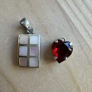 Pair Vintage Pendant Charms 0.5‎ to 1.0 Inch MOP Shell Glass 925 Sterling 4.2g